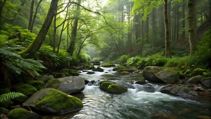 Obraz premium A serene forest stream with crystal-clear water gently flowing over smooth rocks, highlighting nature’s peaceful rhythms.