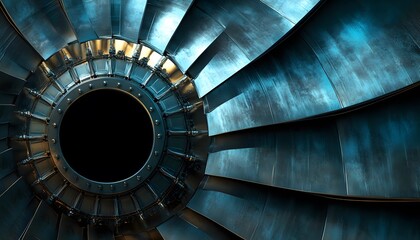 Detailed view of a metallic turbine engine.