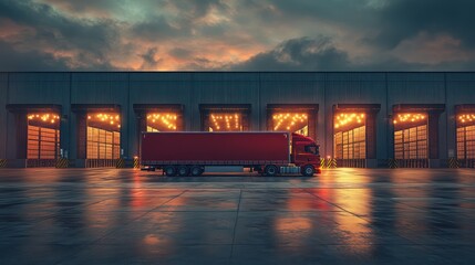 Obraz premium Red truck delivery warehouse night logistics shipping sunset