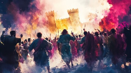 King David's Victory Over Jebusites: Watercolor Biblical Illustration of Jerusalem Conquest in the Old Testament