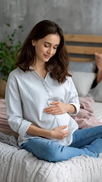 Pregnant woman gently touches her tummy while sitting on a bed in bright room, anticipating her future child.