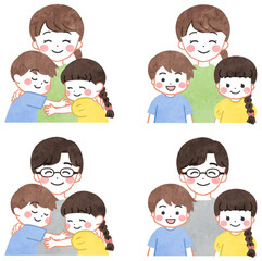 笑顔で並ぶ若い家族・親子のイラストセット