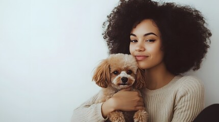 Playful_Pose_: A woman sitting with a small dog on her lap, gently petting it, against a white background. 
