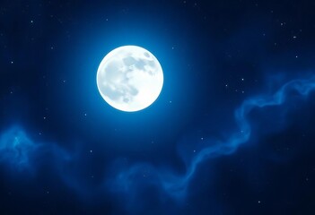 Fototapeta premium Serene moonlit space scene; deep blue nebula backdrop, digital art, mystery