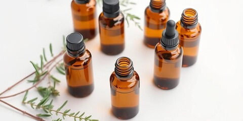 Several amber glass bottles of tea tree essential oil, arranged aesthetically on a pristine white background, white background, clean