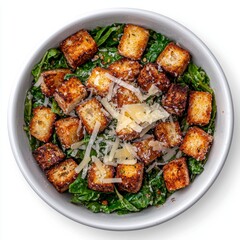 Fototapeta premium A bowl of spinach salad topped with crispy tofu and cheese.