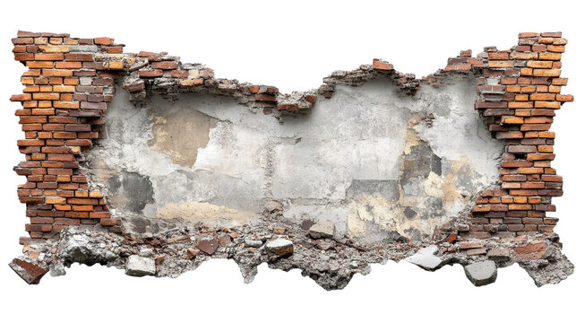 Broken brick wall isolated on transparent background