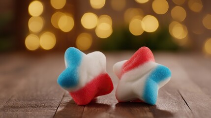Star-shaped red, white, and blue dessert on a wooden table, celebrating American Independence Day with a festive spirit.