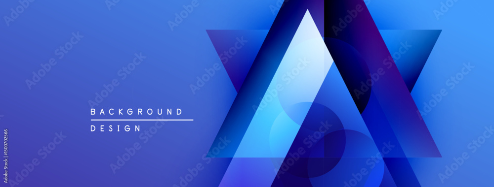 Poster abstract geometric shapes overlap, creating vibrant blue gradients. design features layered triangle