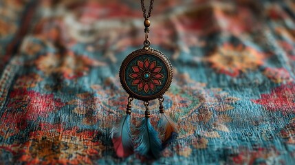 Bohemian necklace watch hanging from a dreamcatcher on a colorful tapestry next to feathers and crystals evoking free spirited vibes