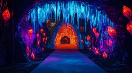 Colorful cave tunnel with glowing formations.