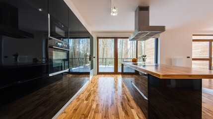 Modern kitchen with black cabinets and wooden floors, showcasing minimalist elegance and natural warmth.