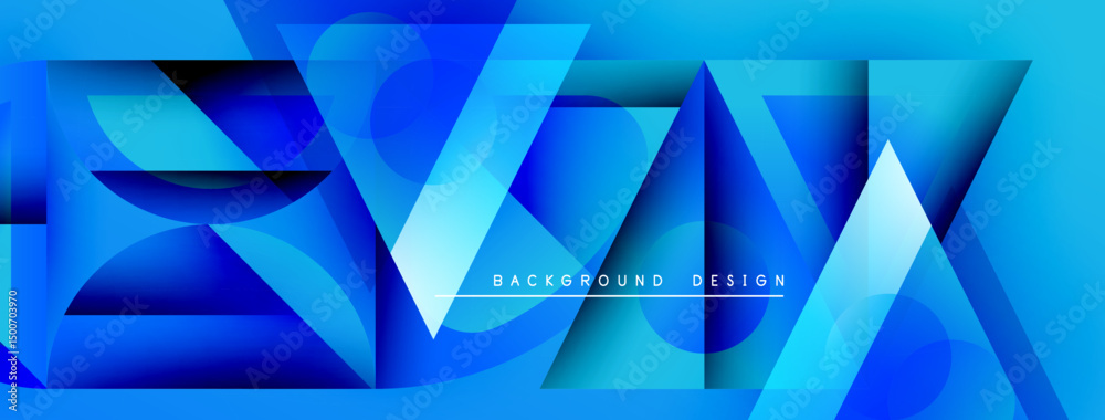 Poster Abstract blue geometric shapes create dynamic background. Modern design features layered triangles, gradients, vibrant hues.
