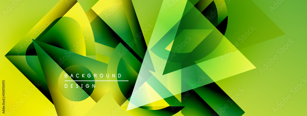 Poster abstract geometric shapes overlap, creating vibrant green, yellow gradients. modern design suggests 
