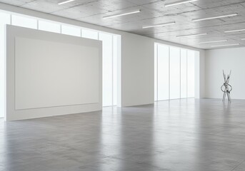 Obraz premium Modern Interior Gallery Space With White Walls Concrete Floor And Large Window
