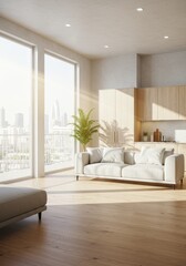 Modern Interior Living Room With Bright Sunlight And Urban City View Photo