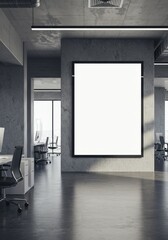 Modern Office Interior Gray Concrete Blank Poster Frame and Minimalist Design