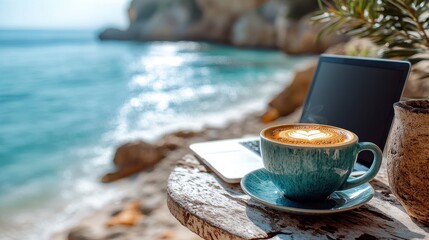 Seaside office laptop and coffee by the ocean, rustic wooden table, relaxing scenery