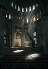 Obraz premium Interior Photo of a Mosque with Sunlight Streaming Through Stained Glass Windows