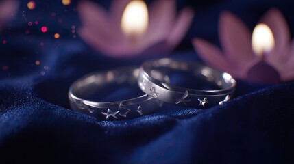 Two silver rings with star motifs on blue fabric, glowing in candlelight. A romantic symbol of love and celestial connection.