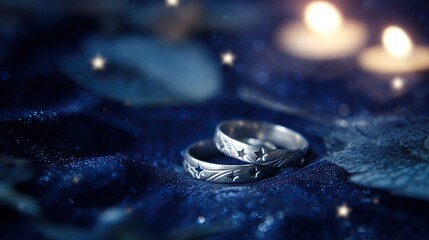 Two silver rings with star motifs on blue fabric, glowing in candlelight. A romantic symbol of love and celestial connection.