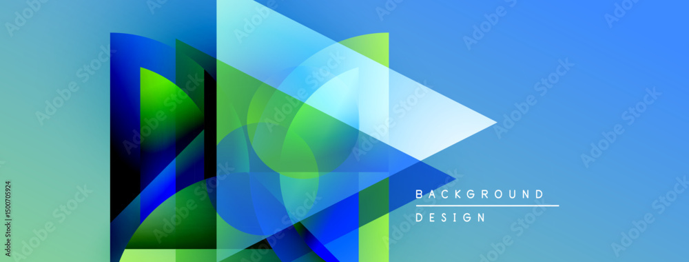 Poster abstract geometric shapes overlap, creating vibrant blue, green gradients. modern design suggests te