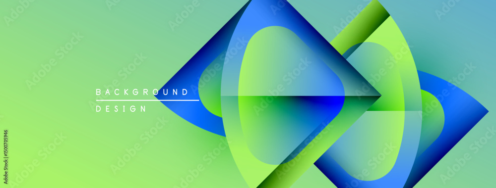 Poster abstract geometric shapes overlap, creating vibrant gradients. green background complements blue ele