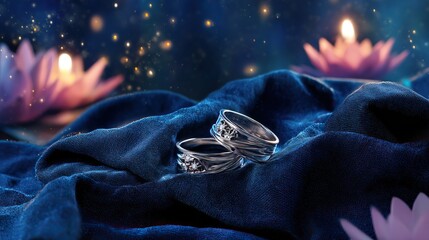 Two silver rings with star motifs on blue fabric, glowing in candlelight. A romantic symbol of love and celestial connection.