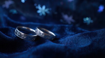 Two silver rings with star motifs on blue fabric, glowing in candlelight. A romantic symbol of love and celestial connection.