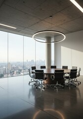 Modern Office Interior Photo with Round Table and Cityscape View
