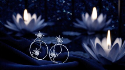Two silver rings with star motifs on blue fabric, glowing in candlelight. A romantic symbol of love and celestial connection.