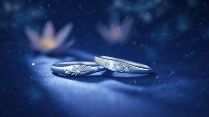 Two silver rings with star motifs on blue fabric, glowing in candlelight. A romantic symbol of love and celestial connection.