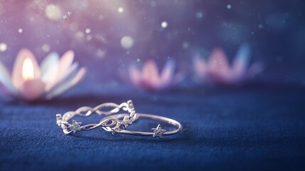 Two silver rings with star motifs on blue fabric, glowing in candlelight. A romantic symbol of love and celestial connection.