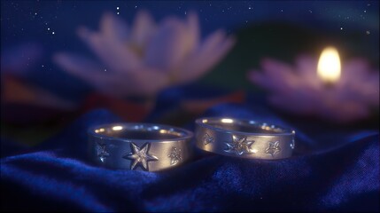 Two silver rings with star motifs on blue fabric, glowing in candlelight. A romantic symbol of love and celestial connection.