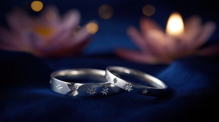 Two silver rings with star motifs on blue fabric, glowing in candlelight. A romantic symbol of love and celestial connection.