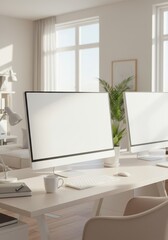 Modern Office Interior With White Computer Display On Wooden Desk