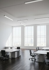 Modern Office Interior With White Walls Desks and Large Windows Photo