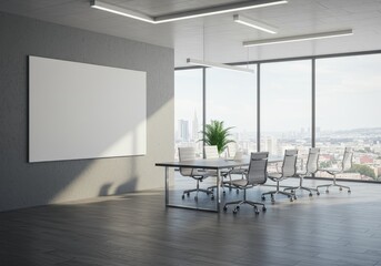 Modern Office Meeting Room Photo with Table Chairs and City View