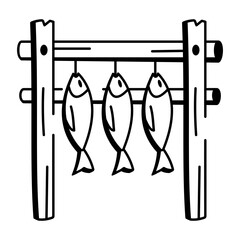 A doodle style icon of fish drying
