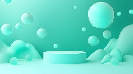 Abstract mint green display podium with floating orbs.