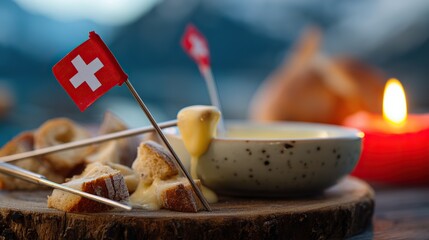 Rustic wooden platter with Swiss cheese fondue and bread, Swiss cross pin; celebrating Swiss National Day with alpine charm.