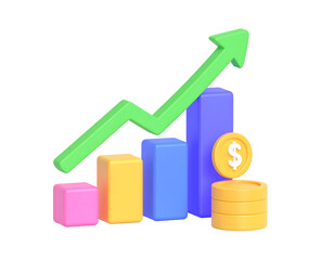 Colorful 3D bar graph showcasing upward financial growth with rising arrow and gold coins