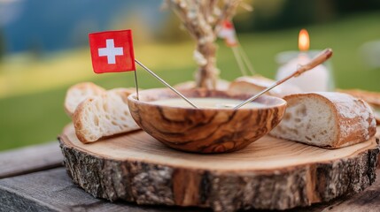 Rustic wooden platter with Swiss cheese fondue and bread, Swiss cross pin; celebrating Swiss National Day with alpine charm.