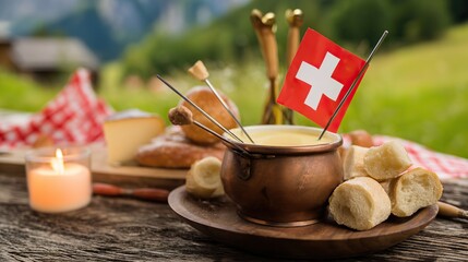 Rustic wooden platter with Swiss cheese fondue and bread, Swiss cross pin; celebrating Swiss National Day with alpine charm.