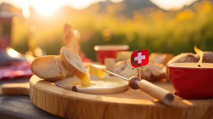Rustic wooden platter with Swiss cheese fondue and bread, Swiss cross pin; celebrating Swiss National Day with alpine charm.