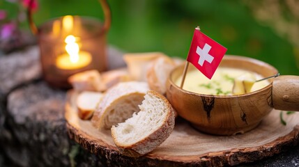 Rustic wooden platter with Swiss cheese fondue and bread, Swiss cross pin; celebrating Swiss National Day with alpine charm.