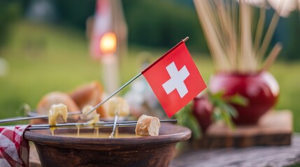 Rustic wooden platter with Swiss cheese fondue and bread, Swiss cross pin; celebrating Swiss National Day with alpine charm.
