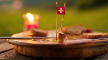 Rustic wooden platter with Swiss cheese fondue and bread, Swiss cross pin; celebrating Swiss National Day with alpine charm.