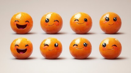 Row of spherical candies with smiley faces, each with unique expression, on a neutral backdrop