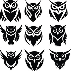 Nine owl head icons display varying stylized designs in black silhouettes against a white background